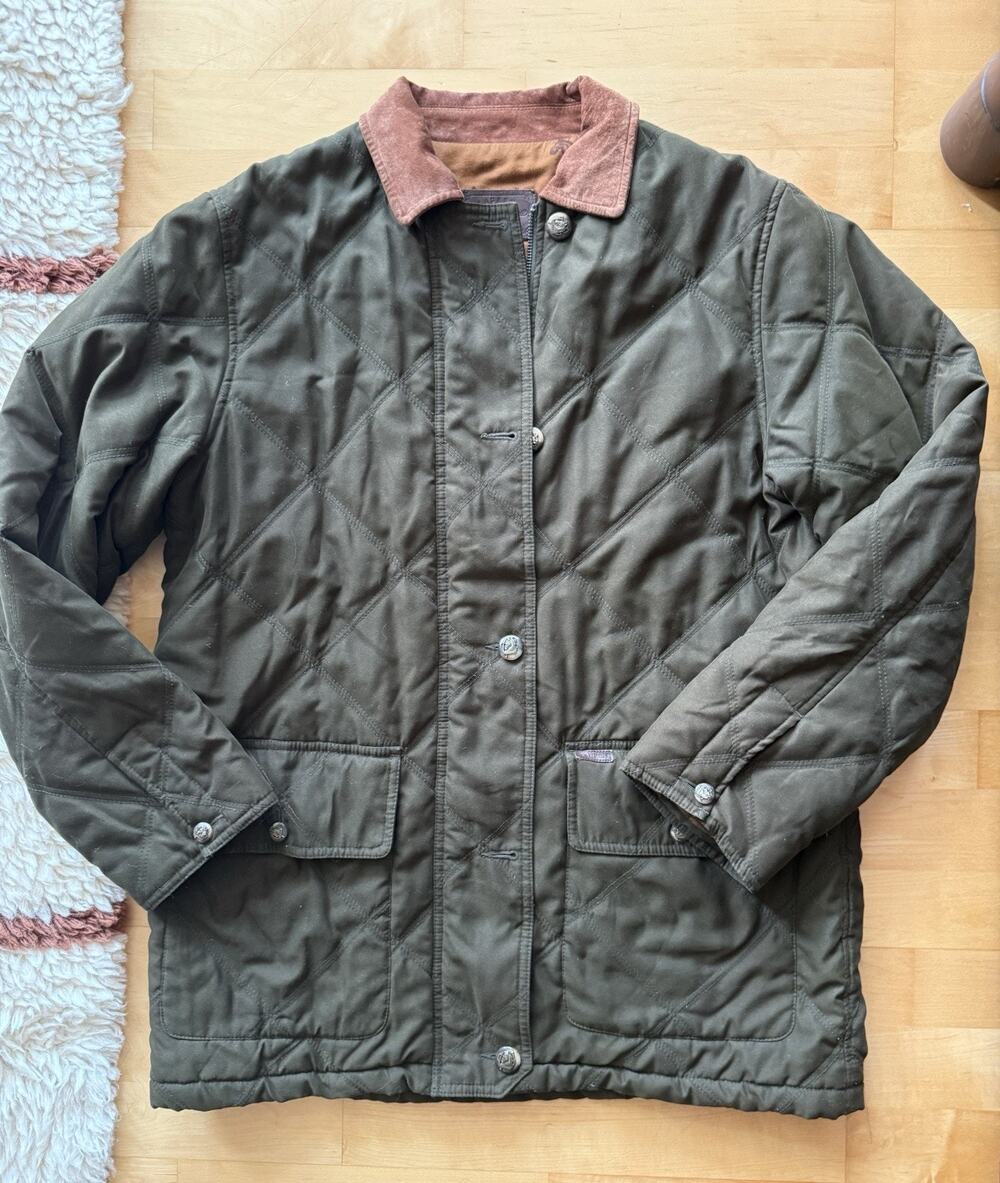 VTG Ralph Lauren Quilted Barn Chore Coat Green Brown Leather Western Equestrian